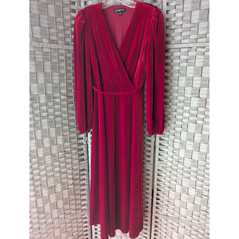 Velvet Maxi Dress Deep Red Faux Wrap V-Neck Puff Sleeve Sz S Romantic Elegant